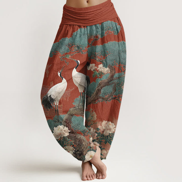 Buddha Stones Spodnie damskie typu harem z bawełny z wzorem w kwiaty żurawia i elastyczną talią - Chaber niebieski - US16, UK/AU20, EU48 (3XL) - image 8
