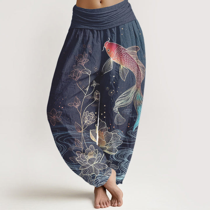 Buddha Stones Damskie spodnie haremowe z elastyczną talią i wzorem ryby koi w kwiaty - SlateBlue - US16, UK/AU20, EU48 (3XL) - image 0