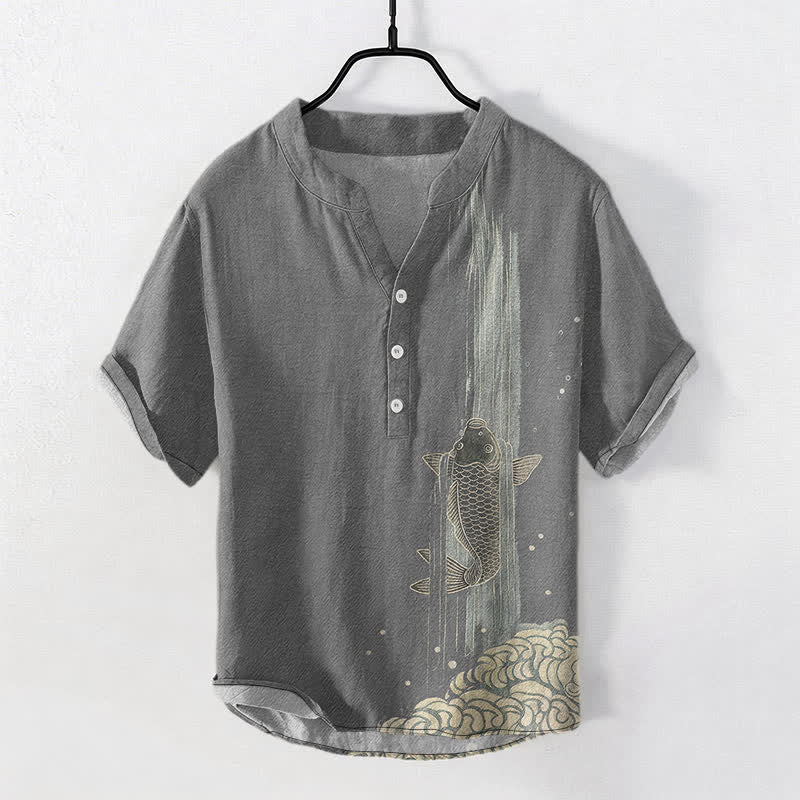 Buddha Stones Koszula męska z krótkim rękawem i krótkim guzikiem z motywem falistej wody i motywem rybki Koi - Szary - US/UK/AU50, EU60 (5XL) - image 5