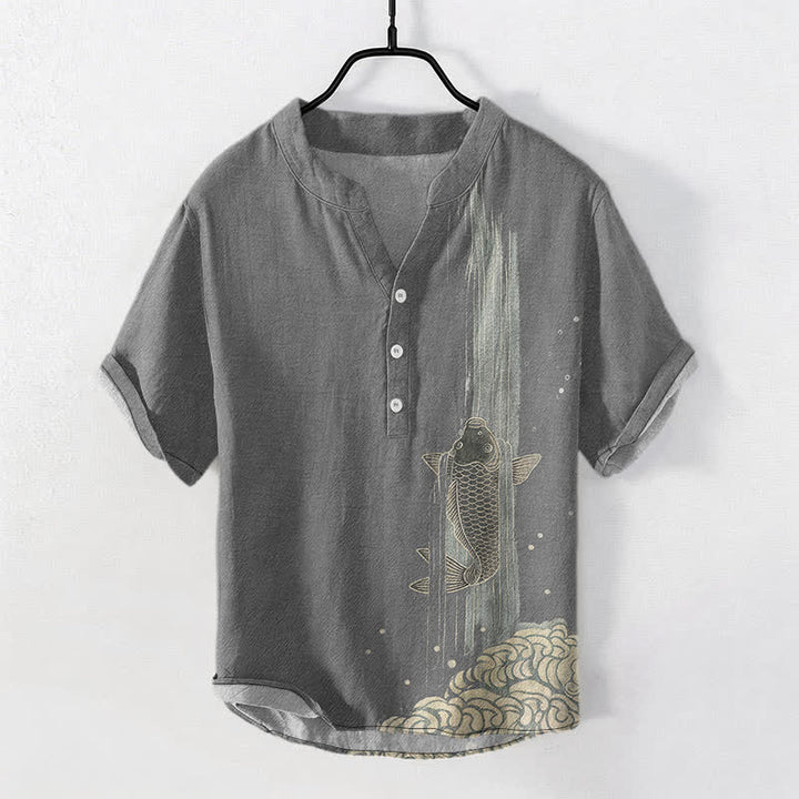 Buddha Stones Koszula męska z krótkim rękawem i krótkim guzikiem z motywem falistej wody i motywem rybki Koi - Szary - US/UK/AU50, EU60 (5XL) - image 5