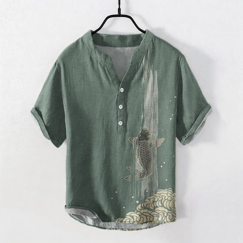 Buddha Stones Koszula męska z krótkim rękawem i krótkim guzikiem z motywem falistej wody i motywem rybki Koi - DarkSeaGreen - US/UK/AU50, EU60 (5XL) - image 0