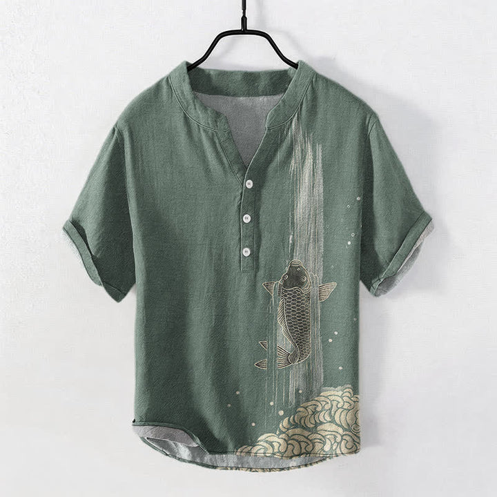 Buddha Stones Koszula męska z krótkim rękawem i krótkim guzikiem z motywem falistej wody i motywem rybki Koi - DarkSeaGreen - US/UK/AU50, EU60 (5XL) - image 0