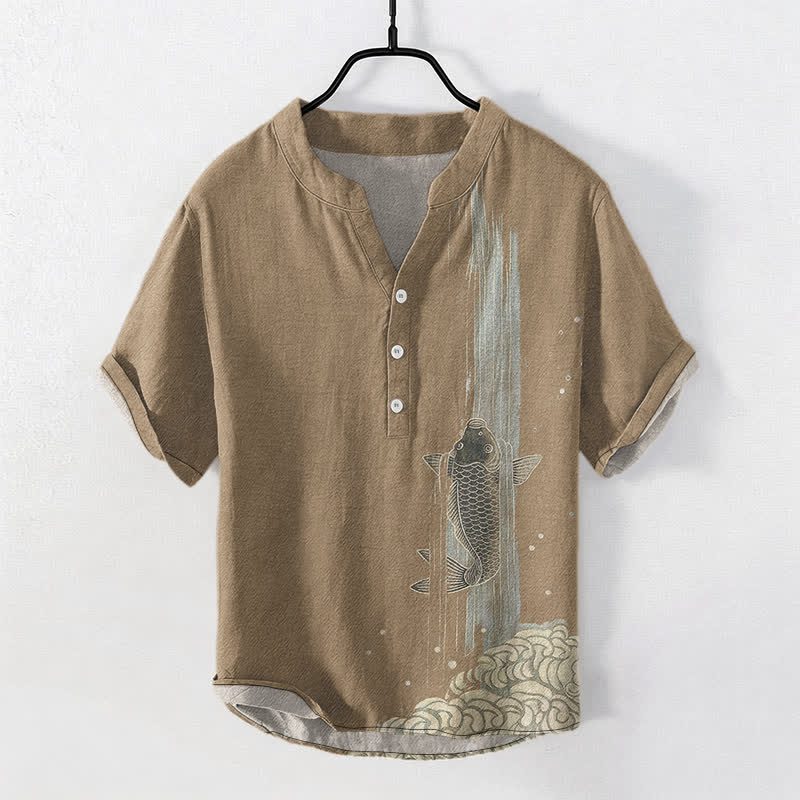 Buddha Stones Koszula męska z krótkim rękawem i krótkim guzikiem z motywem falistej wody i motywem rybki Koi - Dębnik - US/UK/AU50, EU60 (5XL) - image 10