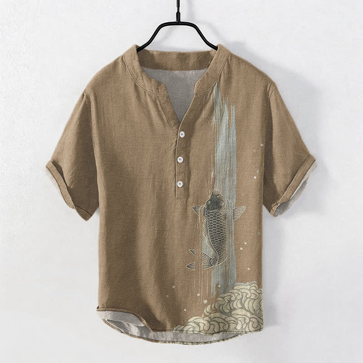Buddha Stones Koszula męska z krótkim rękawem i krótkim guzikiem z motywem falistej wody i motywem rybki Koi - Dębnik - US/UK/AU50, EU60 (5XL) - image 10