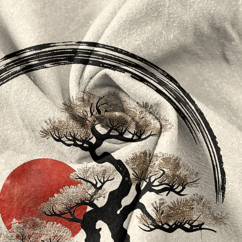 Buddha Stones Koszula męska z krótkim rękawem i krótkim guzikiem, bawełniana, z nadrukiem Zen Ink Bonsai Sun Pattern - image 4