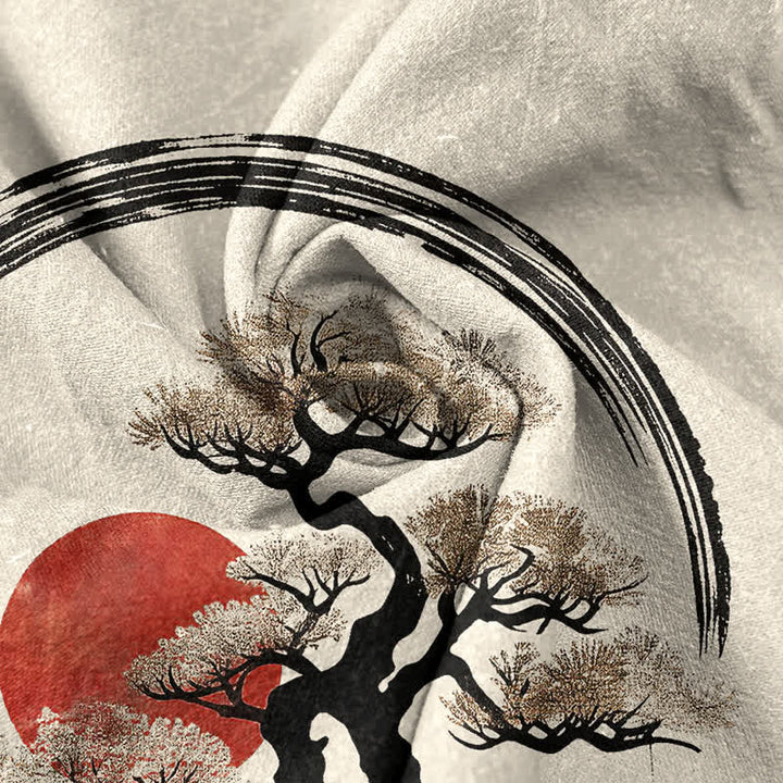 Buddha Stones Koszula męska z krótkim rękawem i krótkim guzikiem, bawełniana, z nadrukiem Zen Ink Bonsai Sun Pattern - image 4