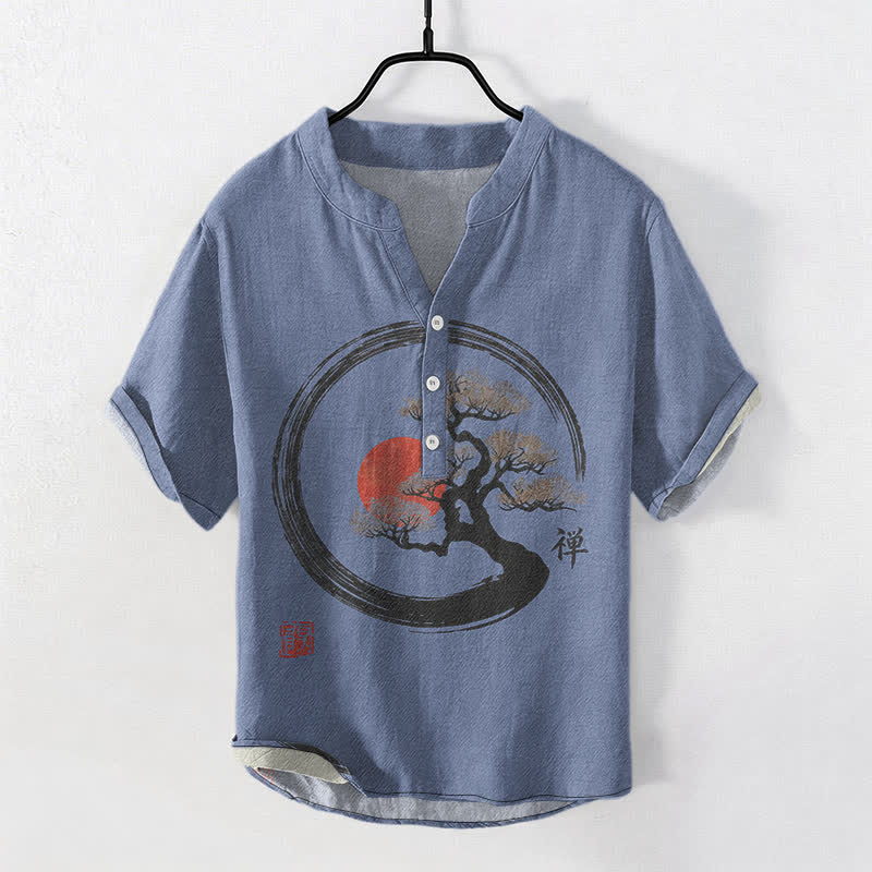 Buddha Stones Koszula męska z krótkim rękawem i krótkim guzikiem, bawełniana, z nadrukiem Zen Ink Bonsai Sun Pattern - RoyalBlue - US/UK/AU50, EU60 (5XL) - image 7