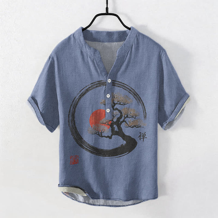 Buddha Stones Koszula męska z krótkim rękawem i krótkim guzikiem, bawełniana, z nadrukiem Zen Ink Bonsai Sun Pattern - RoyalBlue - US/UK/AU50, EU60 (5XL) - image 7