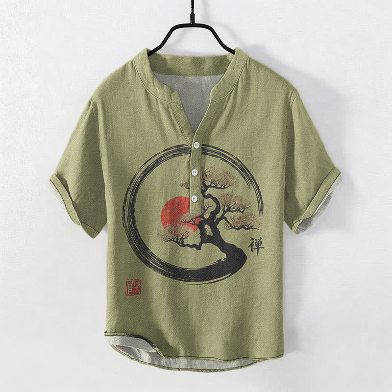 Buddha Stones Koszula męska z krótkim rękawem i krótkim guzikiem, bawełniana, z nadrukiem Zen Ink Bonsai Sun Pattern - Oliwkowy - US/UK/AU50, EU60 (5XL) - image 5