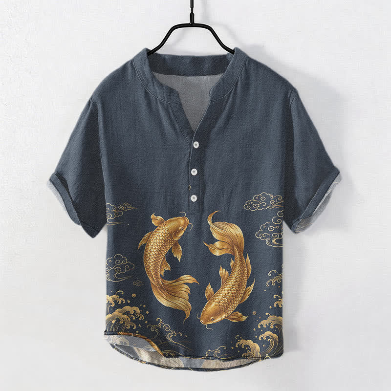 Buddha Stones Koszula męska z krótkim rękawem i nadrukiem w złote ryby Koi z bawełny, zapinana na pół guzika - MidnightBlue - US/UK/AU50, EU60 (5XL) - image 0