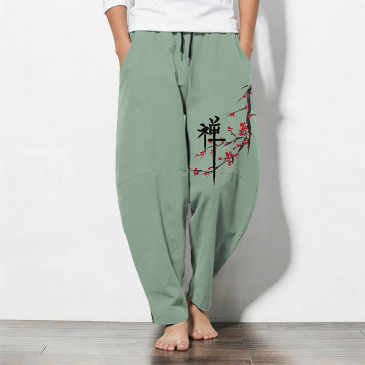 Buddha Stones Spodnie męskie zwężane z czystej bawełny z motywem kwiatu śliwki i ściągaczem, z kieszeniami - DarkSeaGreen - US/UK/AU50, EU60 (5XL) - image 7