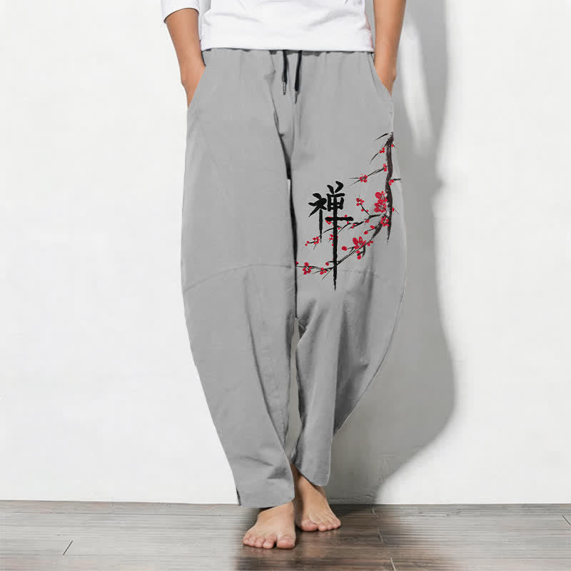 Buddha Stones Spodnie męskie zwężane z czystej bawełny z motywem kwiatu śliwki i ściągaczem, z kieszeniami - Jasnoszary - US/UK/AU50, EU60 (5XL) - image 11
