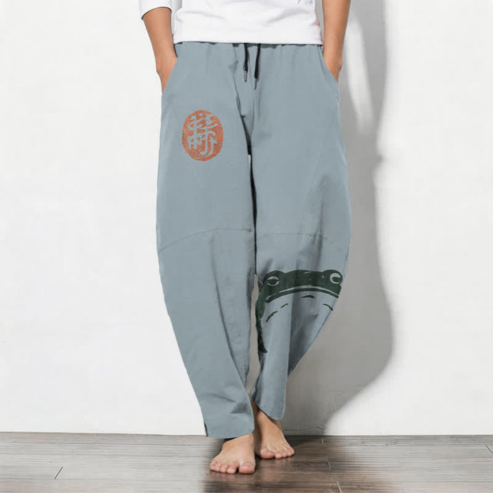 Buddha Stones Spodnie męskie zwężane z czystej bawełny z motywem żaby i ściągaczem, z kieszeniami - LightSteelBlue - US/UK/AU50, EU60 (5XL) - image 7