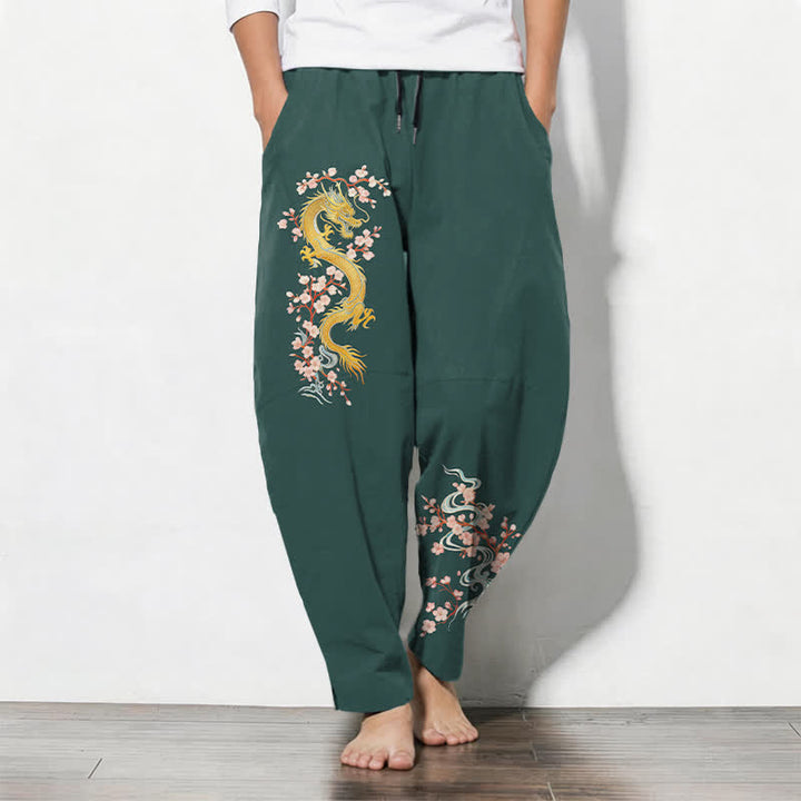 Buddha Stones Spodnie męskie zwężane z czystej bawełny ze wzorem złotego kwiatu smoka i ściągaczem, z kieszeniami - SeaGreen - US/UK/AU50, EU60 (5XL) - image 0