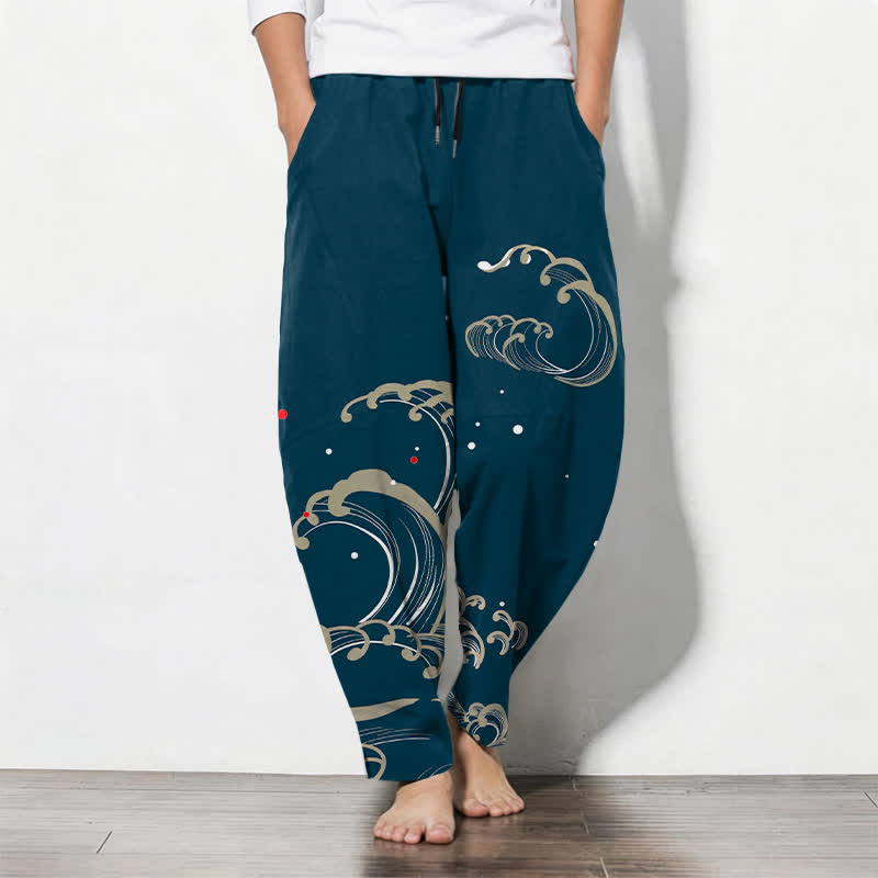 Buddha Stones Spodnie męskie zwężane z czystej bawełny z motywem fal oceanicznych i sznurkiem ściągającym - Cyraneczka - US/UK/AU50, EU60 (5XL) - image 0