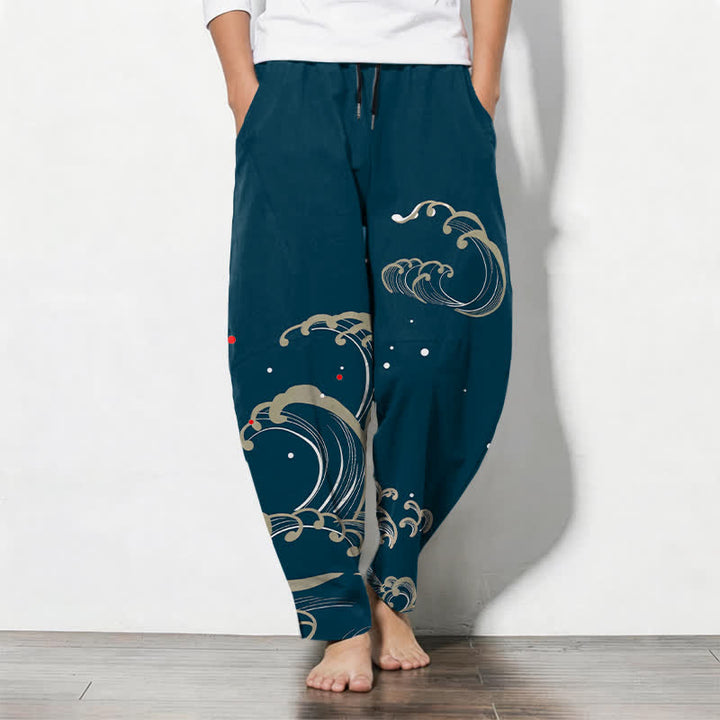 Buddha Stones Spodnie męskie zwężane z czystej bawełny z motywem fal oceanicznych i sznurkiem ściągającym - Cyraneczka - US/UK/AU50, EU60 (5XL) - image 0