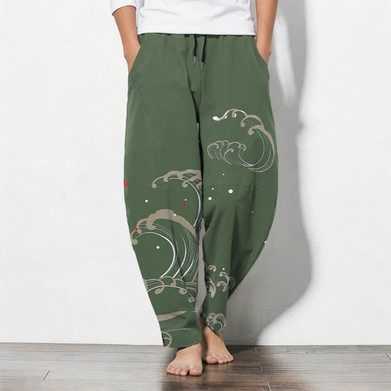Buddha Stones Spodnie męskie zwężane z czystej bawełny z motywem fal oceanicznych i sznurkiem ściągającym - DarkOliveGreen - US/UK/AU50, EU60 (5XL) - image 11