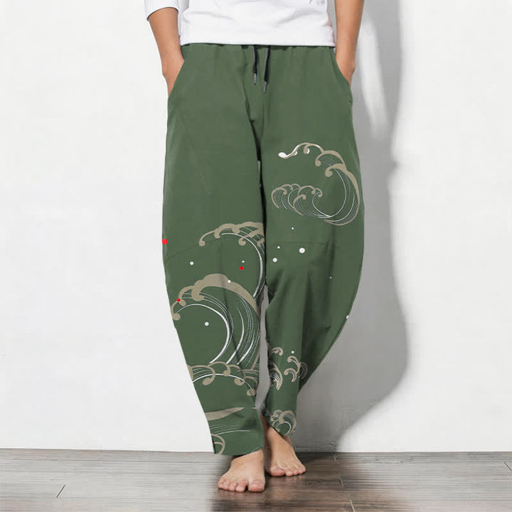 Buddha Stones Spodnie męskie zwężane z czystej bawełny z motywem fal oceanicznych i sznurkiem ściągającym - DarkOliveGreen - US/UK/AU50, EU60 (5XL) - image 11