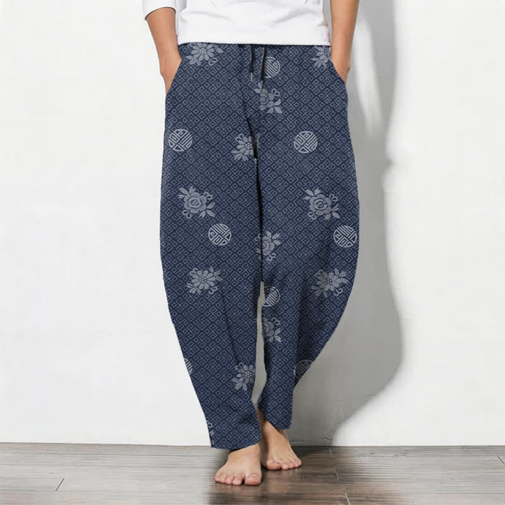 Buddha Stones Spodnie męskie zwężane, z czystej bawełny, ze wzorem kwiatowym i kieszeniami, ze ściągaczem - Marynarka wojenna - US/UK/AU50, EU60 (5XL) - image 7