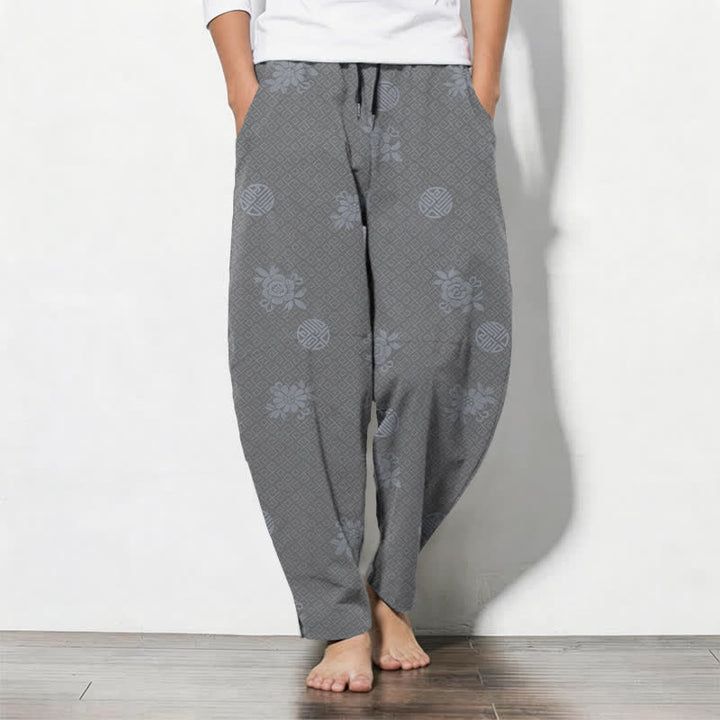 Buddha Stones Spodnie męskie zwężane, z czystej bawełny, ze wzorem kwiatowym i kieszeniami, ze ściągaczem - Ciemnoszary - US/UK/AU50, EU60 (5XL) - image 11