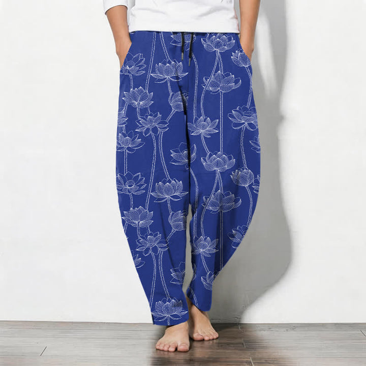 Buddha Stones Spodnie męskie zwężane, z czystej bawełny, z białym wzorem lotosu, ze ściągaczem i kieszeniami - RoyalBlue - US/UK/AU50, EU60 (5XL) - image 0