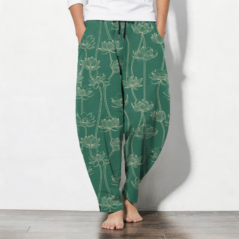 Buddha Stones Spodnie męskie zwężane, z czystej bawełny, z białym wzorem lotosu, ze ściągaczem i kieszeniami - SeaGreen - US/UK/AU50, EU60 (5XL) - image 11