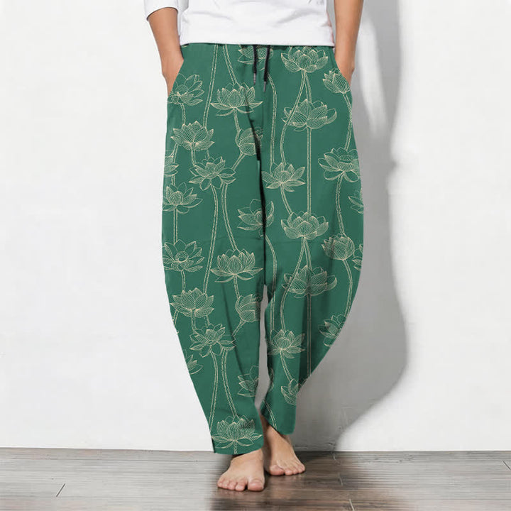 Buddha Stones Spodnie męskie zwężane, z czystej bawełny, z białym wzorem lotosu, ze ściągaczem i kieszeniami - SeaGreen - US/UK/AU50, EU60 (5XL) - image 11