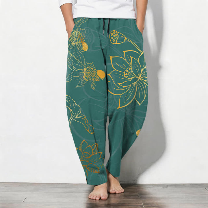 Buddha Stones Spodnie męskie zwężane z czystej bawełny ze wzorem Golden Lotus Koi i ściągaczem, z kieszeniami - Cyraneczka - US/UK/AU50, EU60 (5XL) - image 0