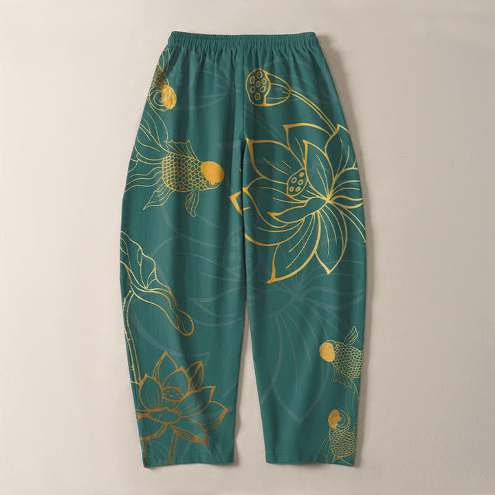 Buddha Stones Spodnie męskie zwężane z czystej bawełny ze wzorem Golden Lotus Koi i ściągaczem, z kieszeniami - image 3