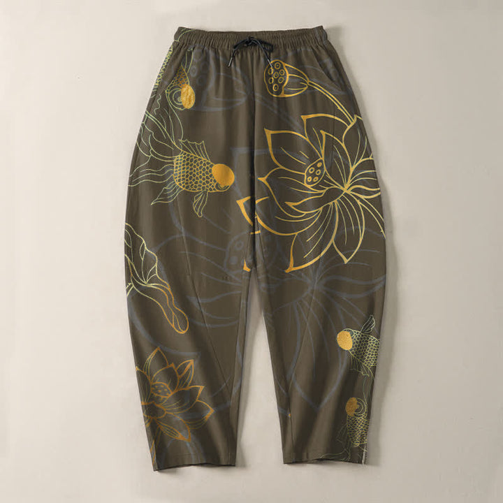 Buddha Stones Spodnie męskie zwężane z czystej bawełny ze wzorem Golden Lotus Koi i ściągaczem, z kieszeniami - image 13