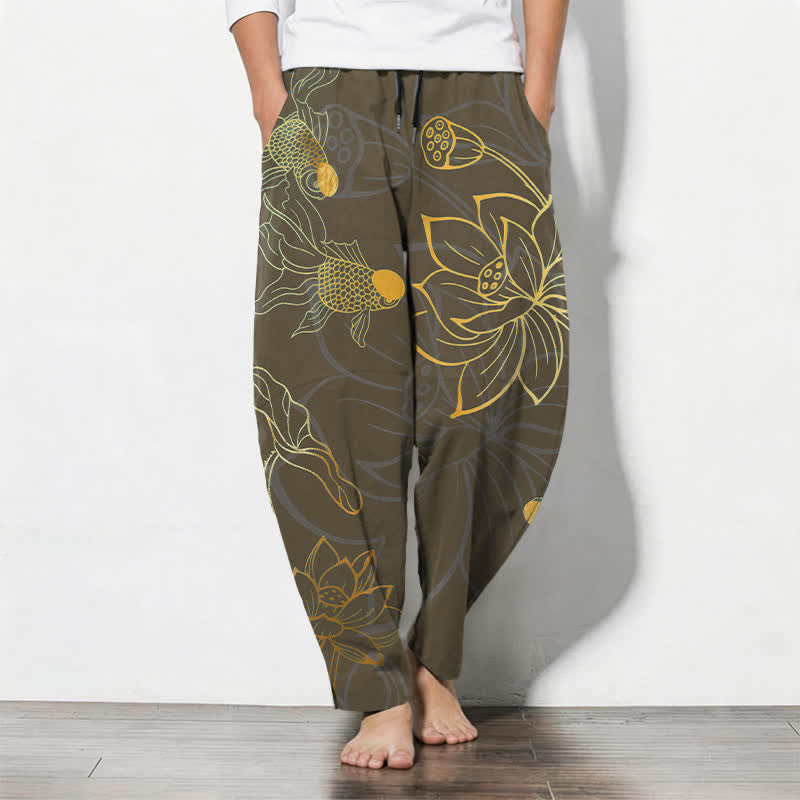 Buddha Stones Spodnie męskie zwężane z czystej bawełny ze wzorem Golden Lotus Koi i ściągaczem, z kieszeniami - SaddleBrown - US/UK/AU50, EU60 (5XL) - image 11