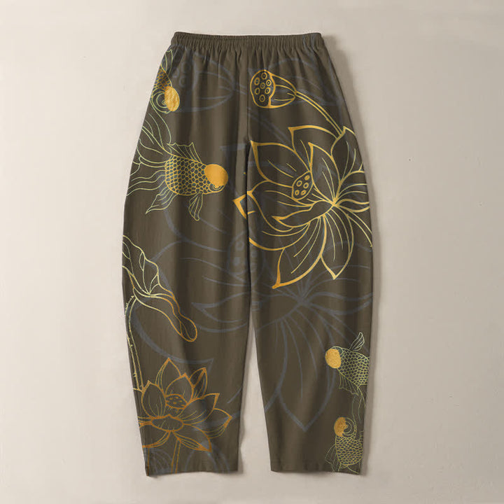 Buddha Stones Spodnie męskie zwężane z czystej bawełny ze wzorem Golden Lotus Koi i ściągaczem, z kieszeniami - image 14