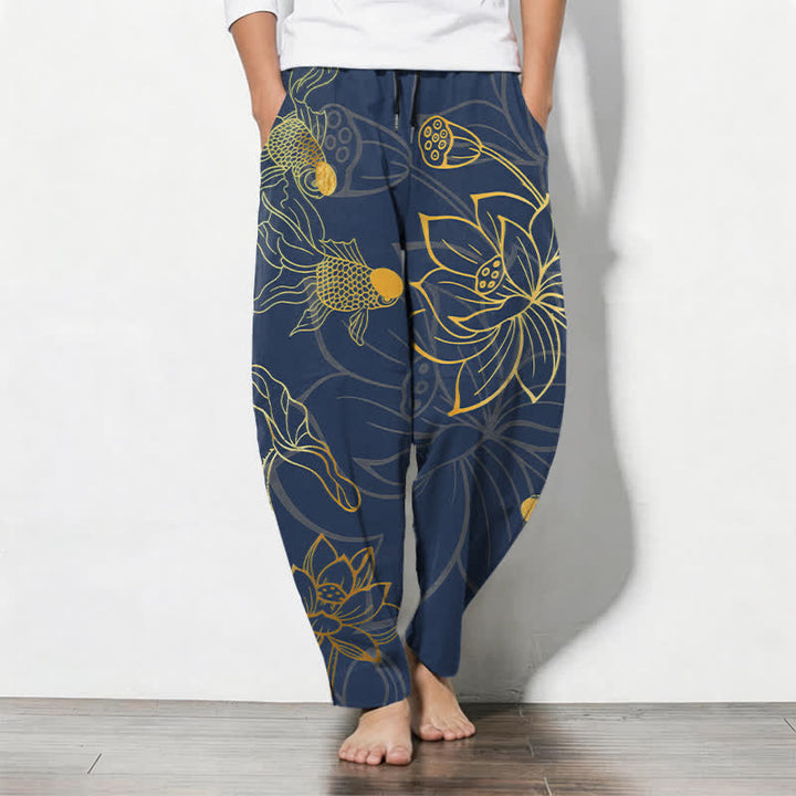 Buddha Stones Spodnie męskie zwężane z czystej bawełny ze wzorem Golden Lotus Koi i ściągaczem, z kieszeniami - Marynarka wojenna - US/UK/AU50, EU60 (5XL) - image 7
