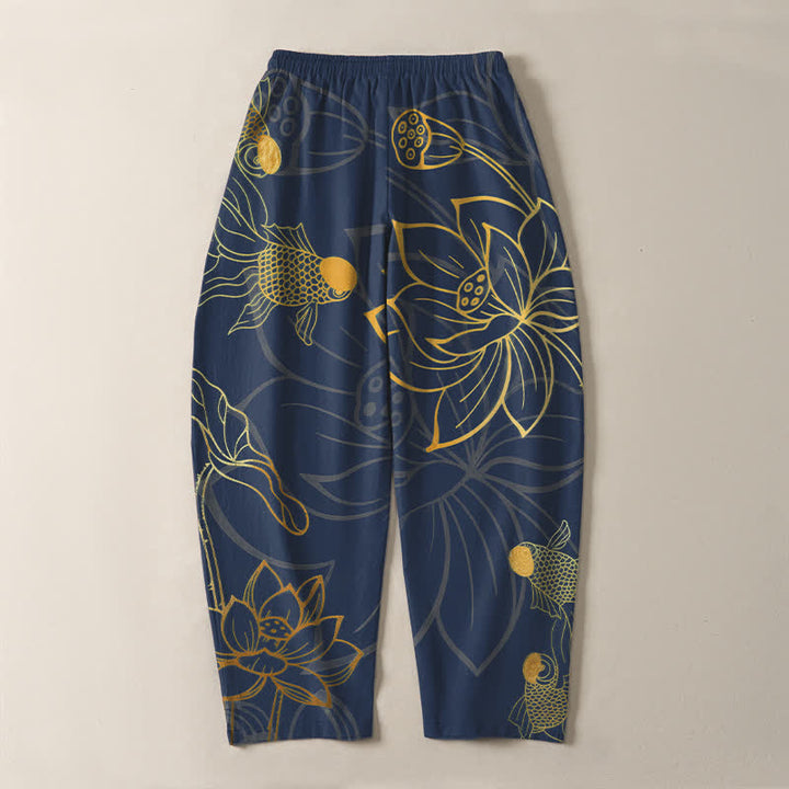 Buddha Stones Spodnie męskie zwężane z czystej bawełny ze wzorem Golden Lotus Koi i ściągaczem, z kieszeniami - image 10