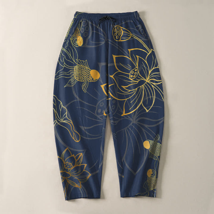 Buddha Stones Spodnie męskie zwężane z czystej bawełny ze wzorem Golden Lotus Koi i ściągaczem, z kieszeniami - image 9