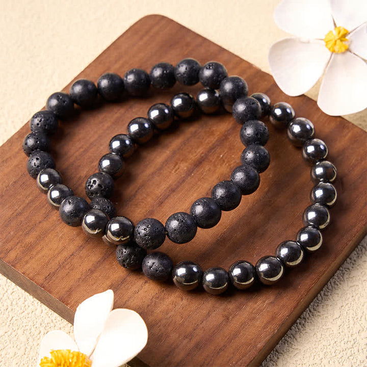 Buddha Stones Minimalistyczna bransoletka z koralików z hematytu i lawy wulkanicznej - image 1