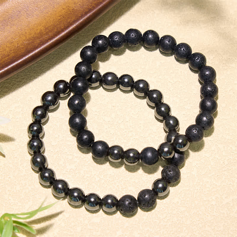 Buddha Stones Minimalistyczna bransoletka z koralików z hematytu i lawy wulkanicznej - image 3