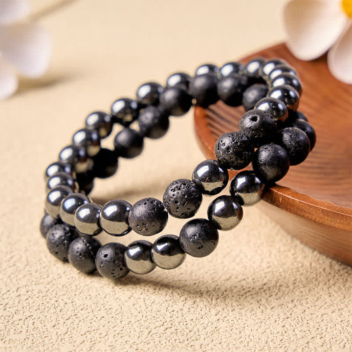 Buddha Stones Minimalistyczna bransoletka z koralików z hematytu i lawy wulkanicznej - image 2