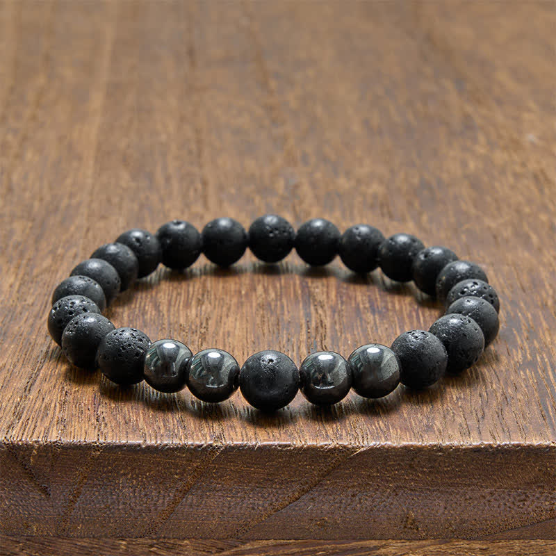 Buddha Stones Minimalistyczna bransoletka z koralików z hematytu i lawy wulkanicznej - image 10