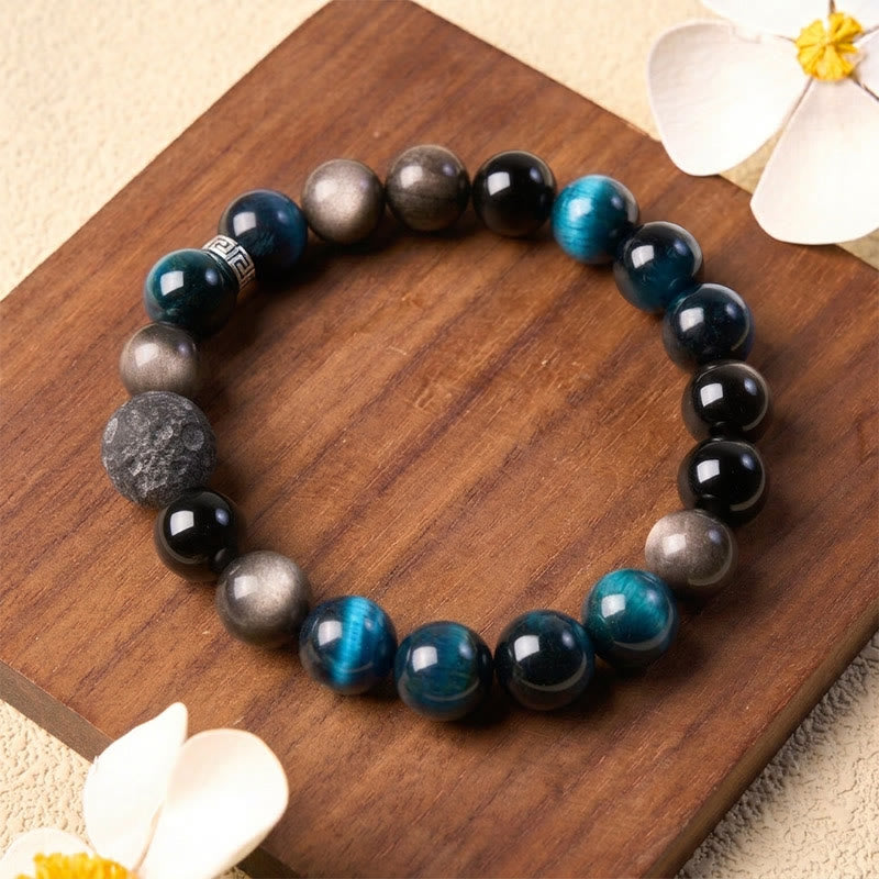 Buddha Stones Bransoletka z obsydianu w kolorze niebieskiego tygrysiego oka i srebrnego połysku - image 1