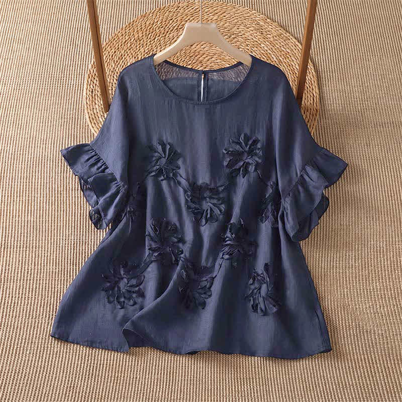 Buddha Stones Letnie, swobodne, boho, kwiatowe koszulki damskie z krótkim rękawem - MidnightBlue - US14, UK/AU18, EU46 (2XL) - image 6