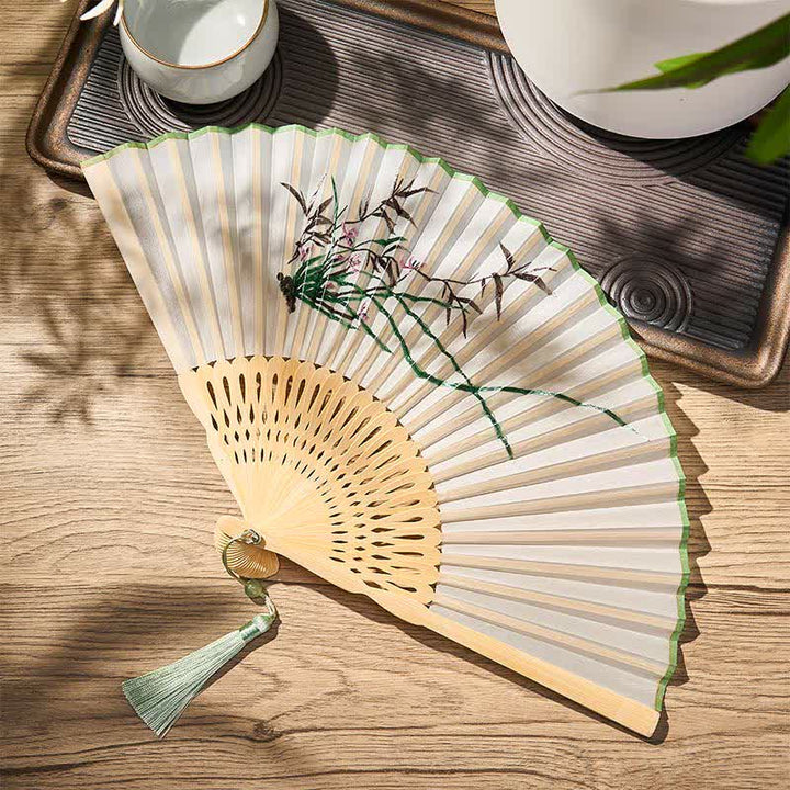 Buddha Stones Wachlarz składany z bambusa w stylu vintage z wierzbami i jaskółkami w kwiatowy wzór - image 16