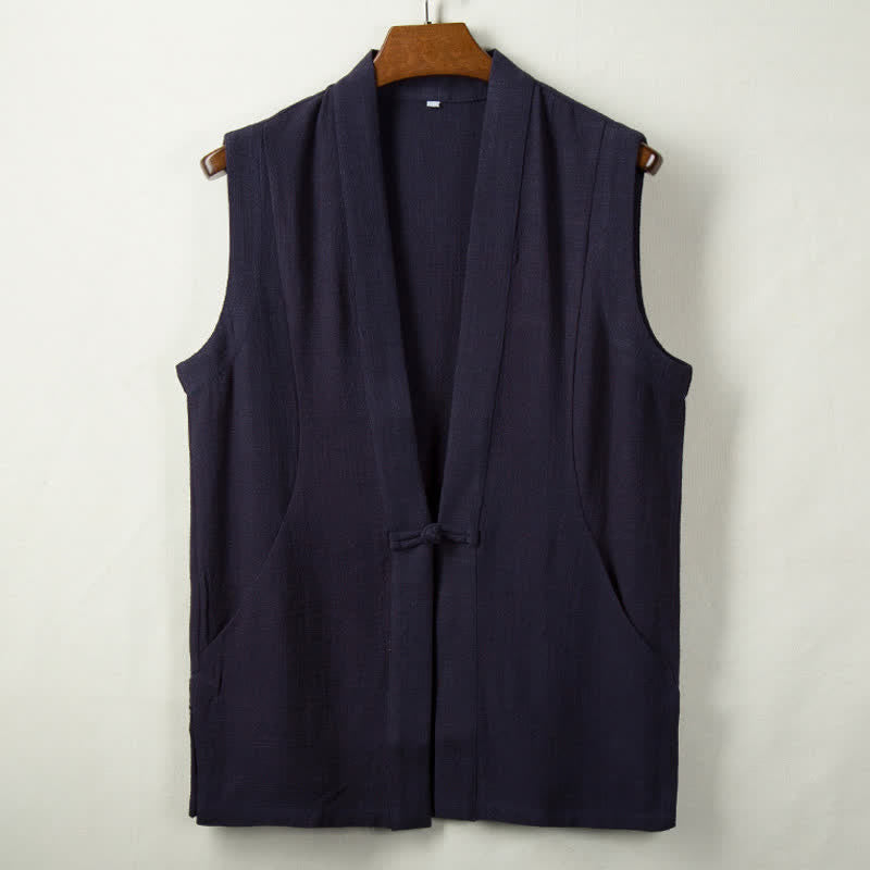 Buddha Stones Wiosenne letnie jesienne kamizelki męskie w stylu Tang, z guzikami żabki, z litej bawełny i lnu, z kieszenią - MidnightBlue - US/UK/AU44， EU54 (4XL) - image 4