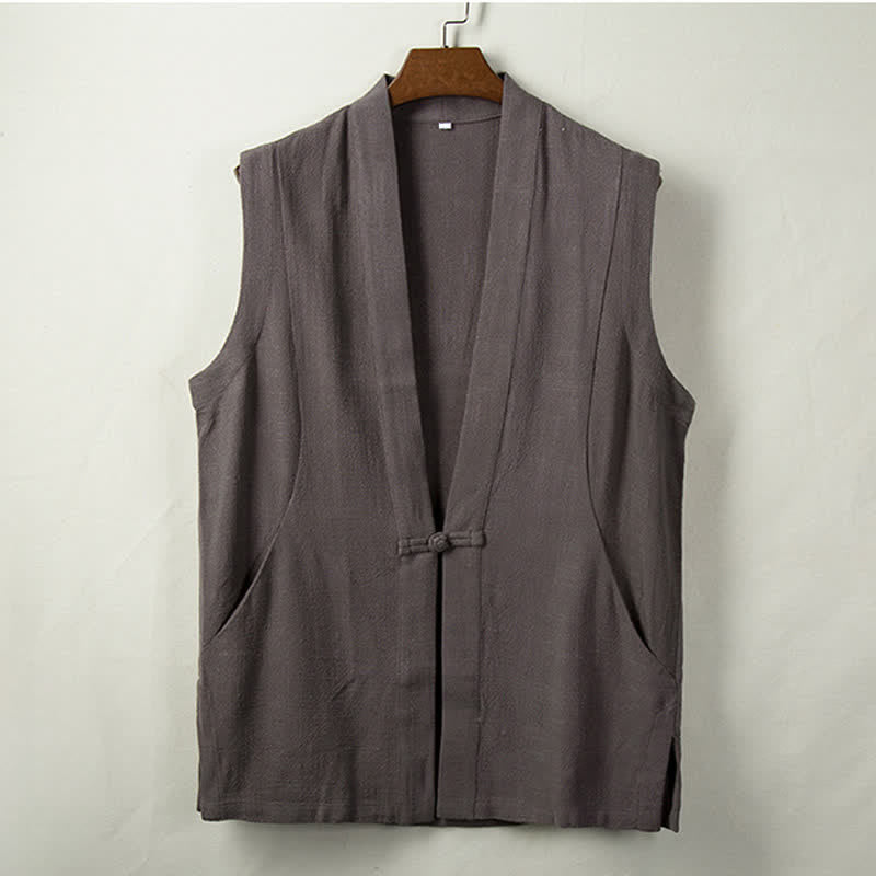 Buddha Stones Wiosenne letnie jesienne kamizelki męskie w stylu Tang, z guzikami żabki, z litej bawełny i lnu, z kieszenią - DimGray - US/UK/AU44， EU54 (4XL) - image 0