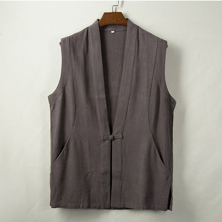 Buddha Stones Wiosenne letnie jesienne kamizelki męskie w stylu Tang, z guzikami żabki, z litej bawełny i lnu, z kieszenią - DimGray - US/UK/AU44， EU54 (4XL) - image 0