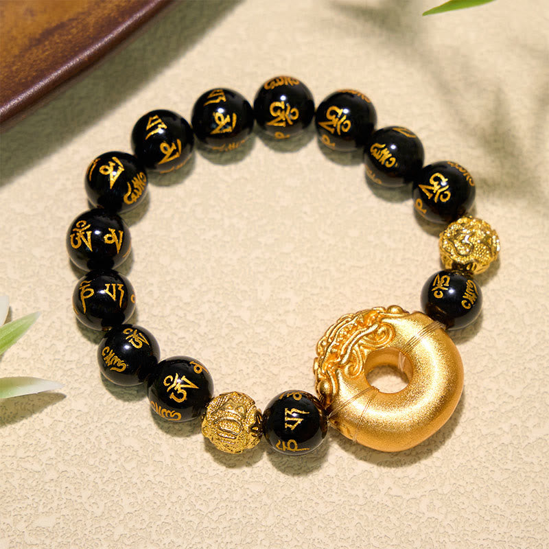 Buddha Stones Bransoletka z zapięciem pokojowym Pi Xiu z czarnego obsydianu Om Mani Padme Hum Wealth - image 1
