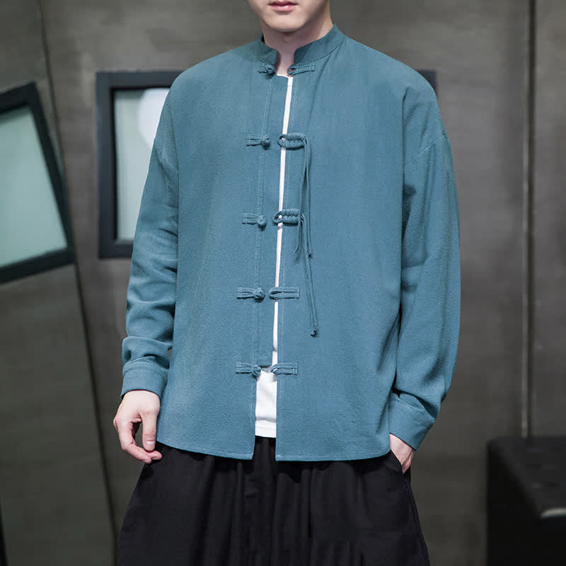 Buddha Stones Kurtka męska na jesień i zimę w stylu vintage z żabim guzikiem i solidną bawełną i lnem - CadetBlue - US/UK/AU46， EU56 (5XL) - image 0