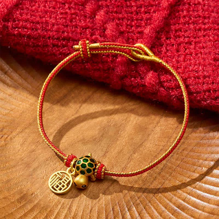 Buddha Stones Bransoletka z plecionego czerwonego sznurka z miedzianym motywem żółwia Fu - image 2