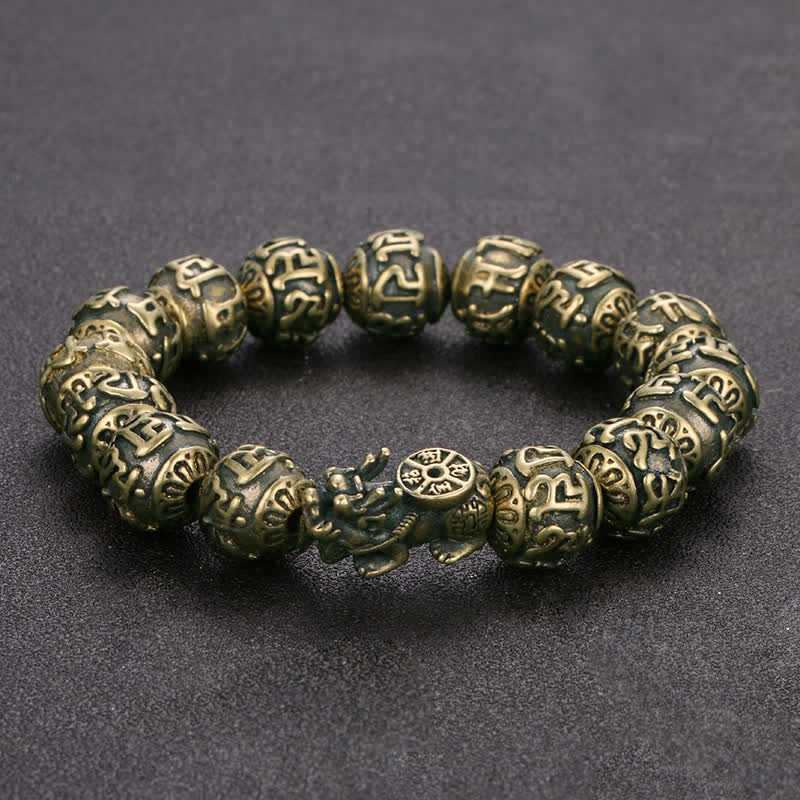 Buddha Stones Antyczna mosiężna bransoletka Pi Xiu Om Mani Padme Hum Wealth - Mosiężny Pi Xiu (obwód nadgarstka: 16,5–18 cm) - image 0