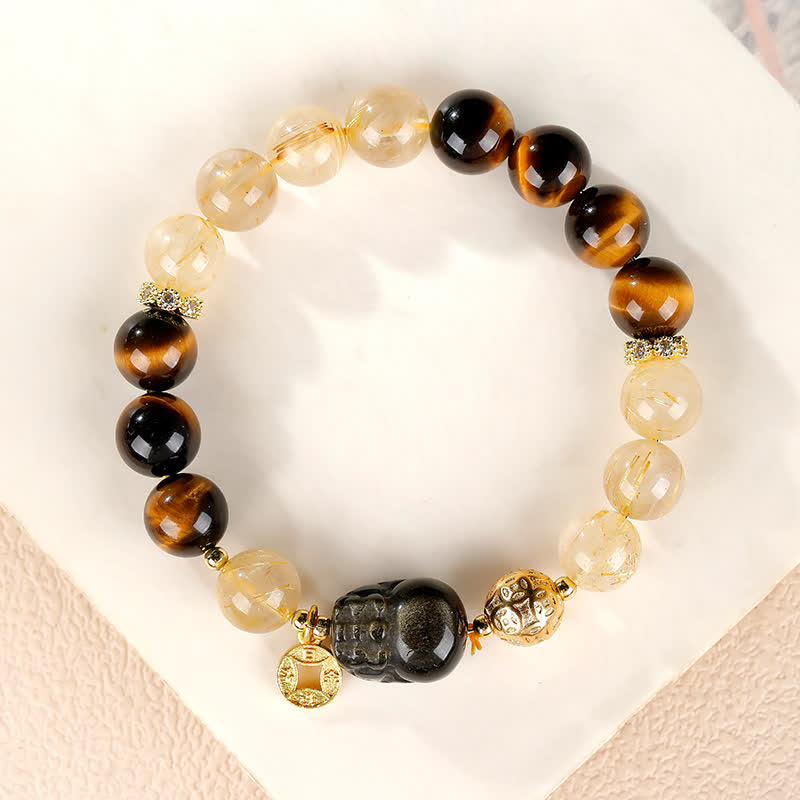 Buddha Stones Bransoletka z koralików Feng Shui Tiger Eye Pi Xiu z kwarcu rutylowego w kolorze złotym i bogactwem - Bransoletka Pi Xiu z tygrysim okiem - 8 mm (obwód nadgarstka: 5,9–6,3 cala/15–16 cm) - image 0